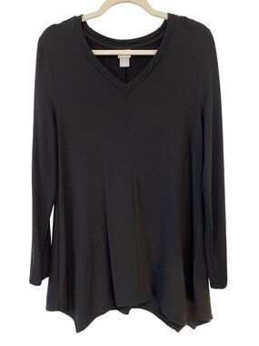 Chicos Zenergy Tunic Top Size 8/10 V Neck Long Sleeve Lyocell Blend Black Casual